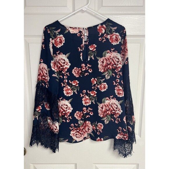 Wishful Park Woman's Blue Floral Semi Sheer Blouse Lace Bell Sleeves Sz Large - Picture 2 of 6